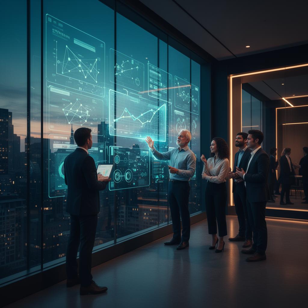 Enterprise leaders reviewing live workforce data on an interactive glass wall in a modern innovation hub